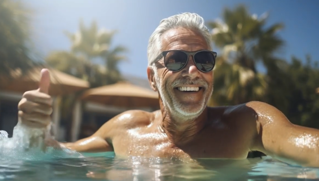 senior- man- njuter- sommar- pool