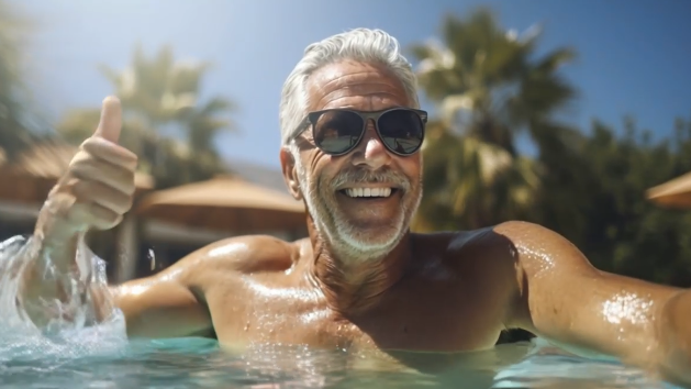 senior- man- njuter- sommar- pool