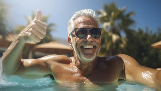 senior- man- njuter- sommar- pool