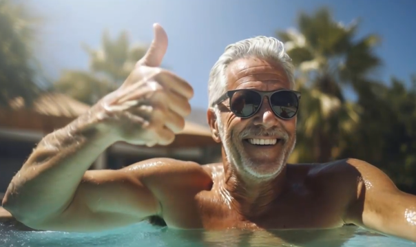 senior- man- njuter- sommar- pool