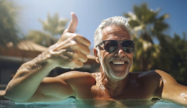 senior- man- njuter- sommar- pool